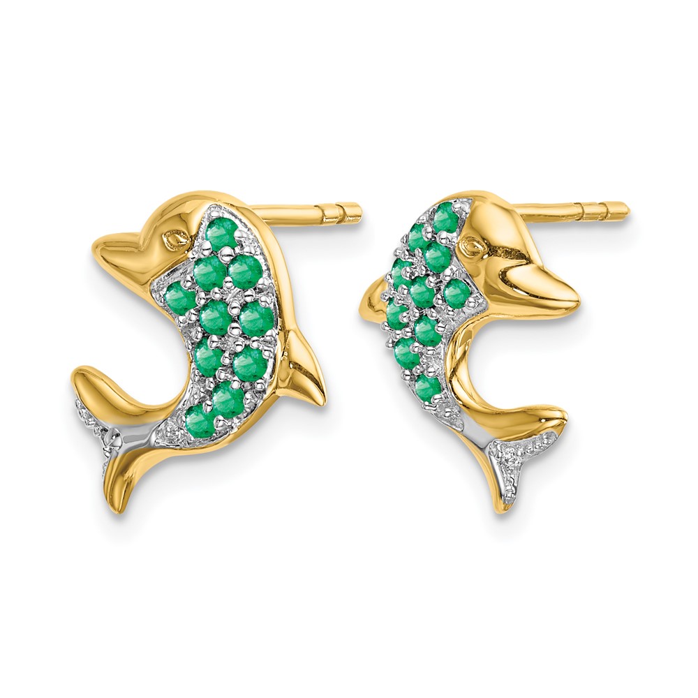 14k and Rhodium Emerald and Diamond Dolphin Post Earrings (EM5615-EM-001-YA)