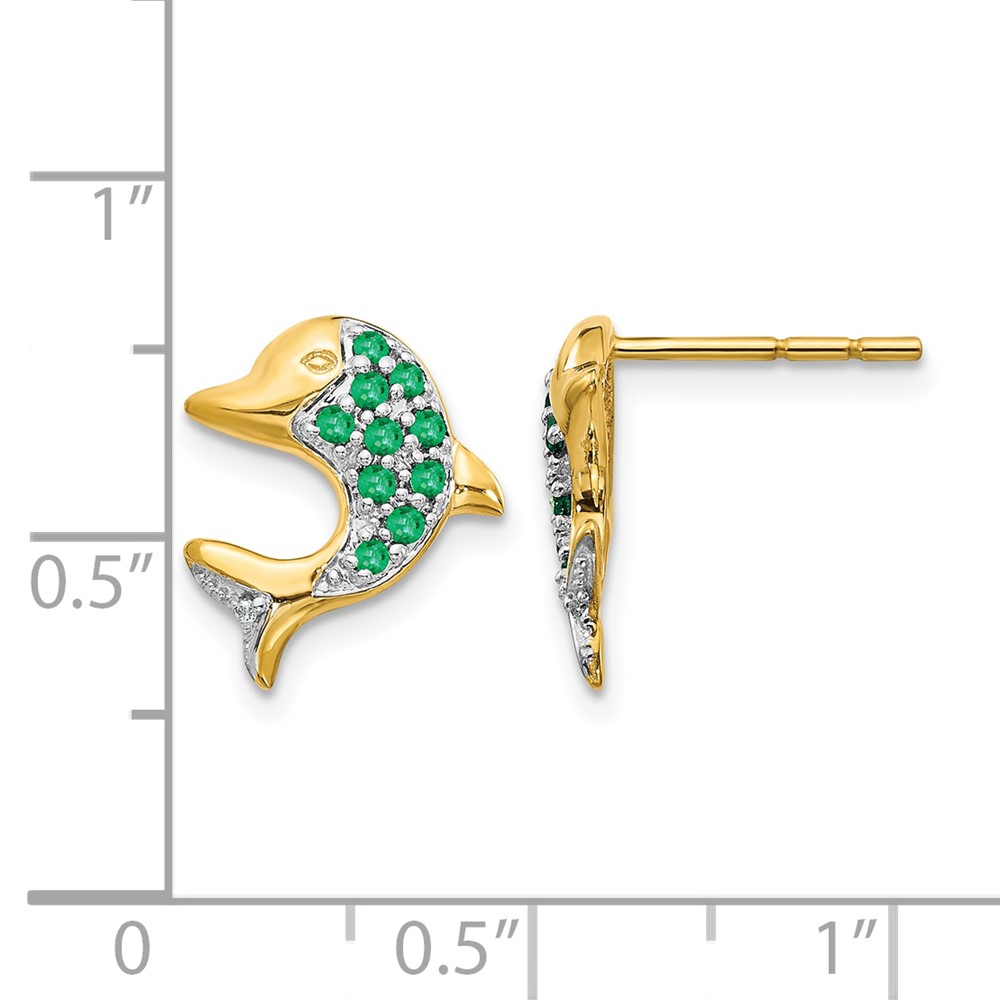 14k and Rhodium Emerald and Diamond Dolphin Post Earrings (EM5615-EM-001-YA)