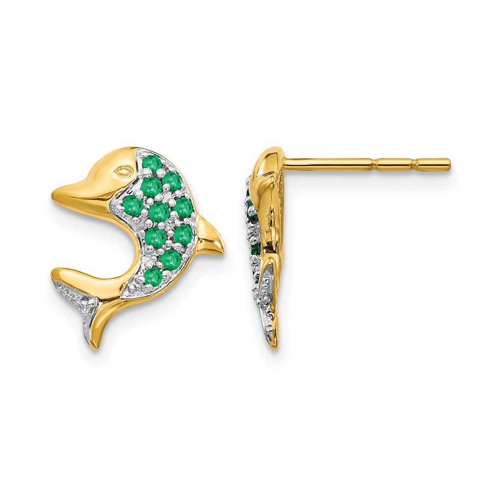 14k and Rhodium Emerald and Diamond Dolphin Post Earrings (EM5615-EM-001-YA)