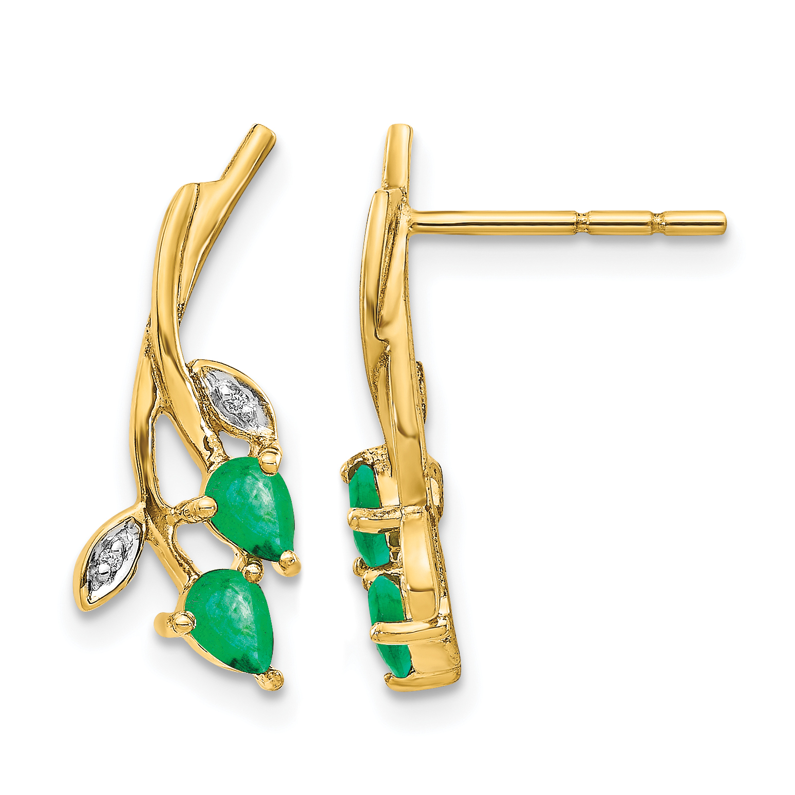 14k Diamond and Pear Emerald Floral Post Earrings (EM5619-EM-001-YA)
