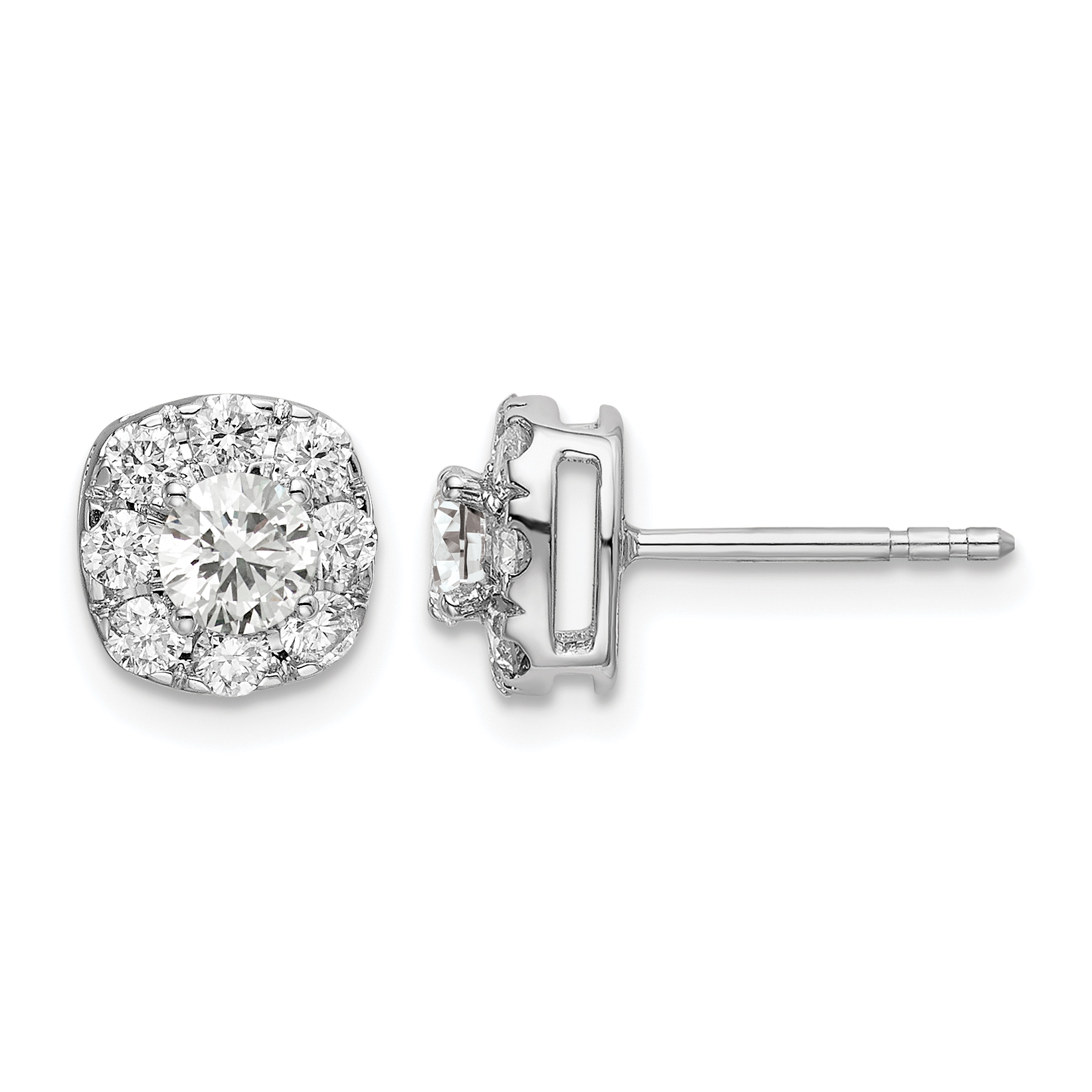 14k White Gold 1 carat Lab Grown Diamond VS/SI+ G+ Complete Cushion Halo Post Earrings (EM6636-100-WLG)