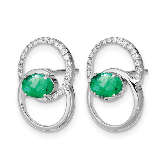 14k White Gold Double Circle Emerald and Diamond Post Earrings