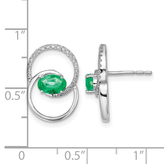 14k White Gold Double Circle Emerald and Diamond Post Earrings
