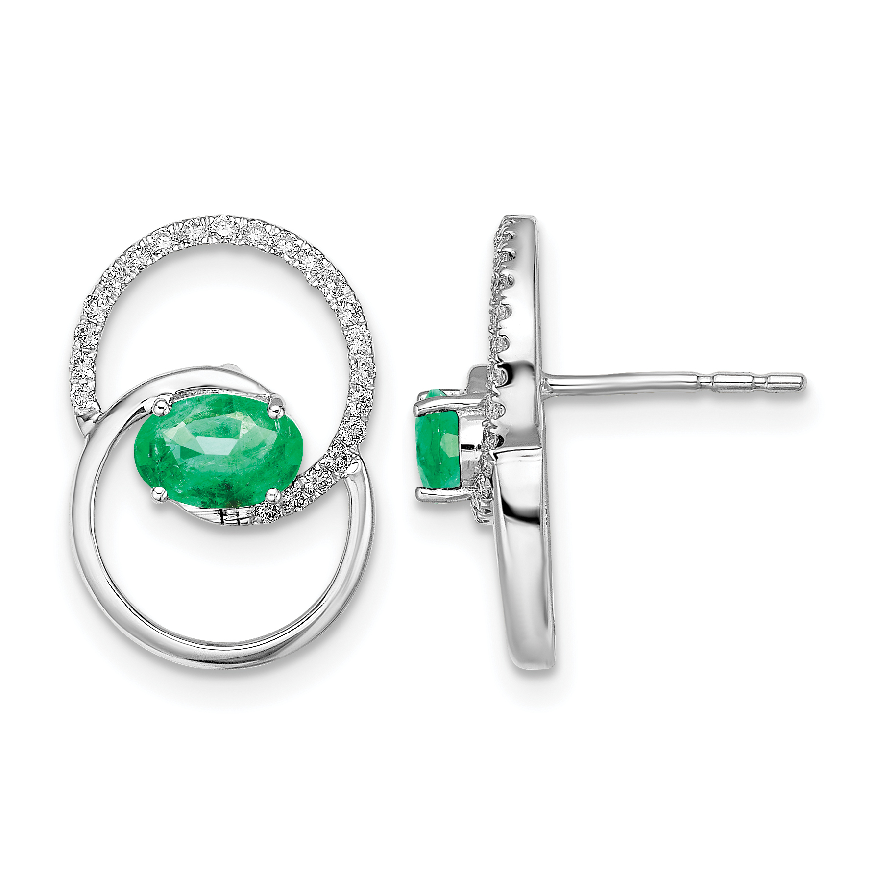 14k White Gold Double Circle Emerald/Diamond Post Earrings (EM6831-EM-015-WA)