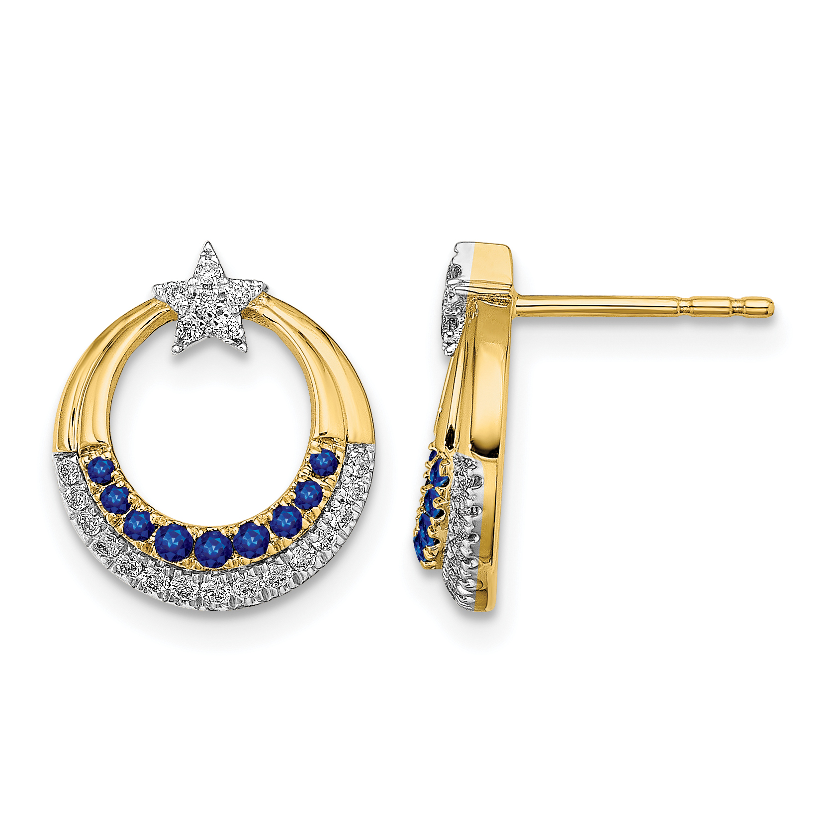 14k Polished Sapphire and Diamond Star and Circle Post Earrings (EM6846-SA-012-YA)