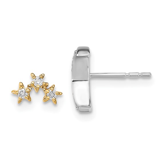 14k Two-tone 1/10 carat Diamond Crescent Moon and 3-Stars Mis-match Post Earrings