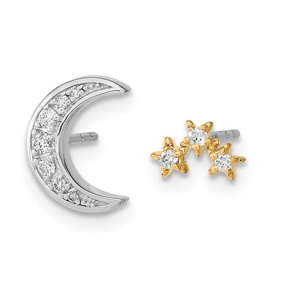 14k Two-tone 1/10 carat Diamond Crescent Moon and 3-Stars Mis-match Post Earrings