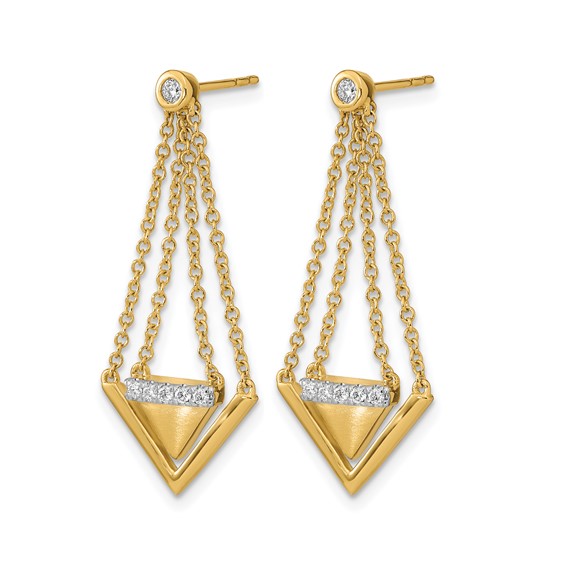 14k Satin/Polished 1/6 carat Diamond Triangle and Chain Dangle Post Earrings
