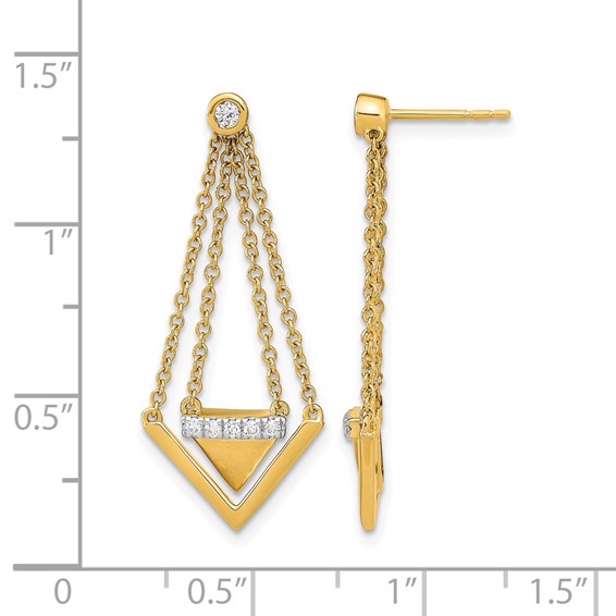14k Satin/Polished 1/6 carat Diamond Triangle and Chain Dangle Post Earrings