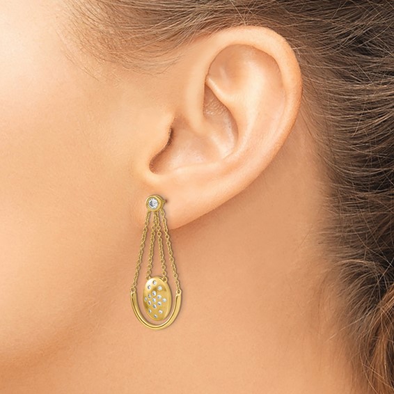 14k Satin/Polished 1/3 carat Diamond Oval with Chain Dangle Post Earrings