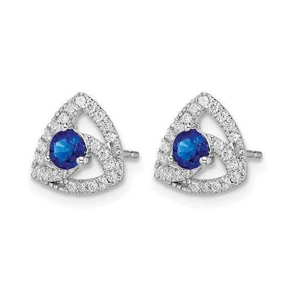 14k White Gold 3.5mm Round Blue Sapphire and Diamond Triangle Post Earrings