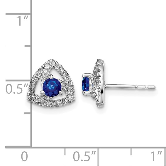 14k White Gold 3.5mm Round Blue Sapphire and Diamond Triangle Post Earrings
