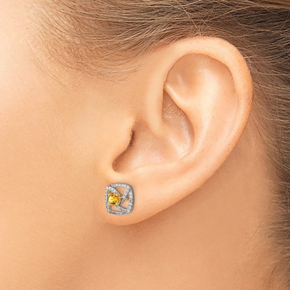 14k Polished 1/5 carat Diamond and 3.4mm Round Citrine Square Post Earrings
