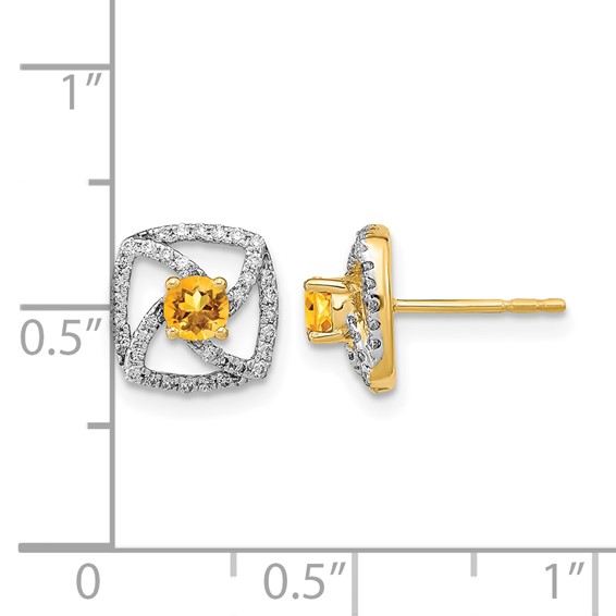 14k Polished 1/5 carat Diamond and 3.4mm Round Citrine Square Post Earrings