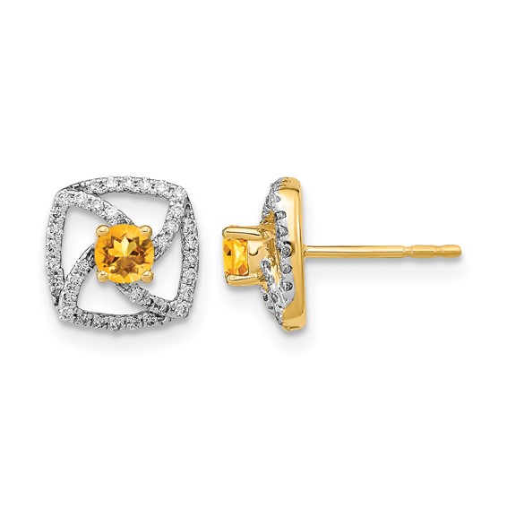 14k Polished 1/5 carat Diamond and 3.4mm Round Citrine Square Post Earrings
