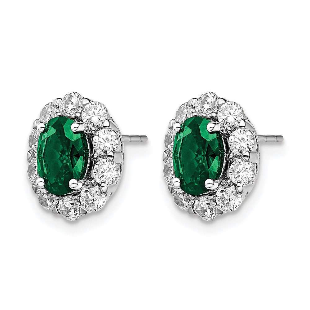 14k White Gold 1 1/5 carat Lab Grown Diamond VS/SI+ G+ and Oval Created Emerald Complete Halo Post Earrings (EM6990-CE-104-WALG)