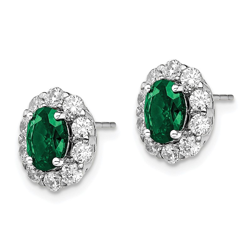 14k White Gold 1 1/5 carat Lab Grown Diamond VS/SI+ G+ and Oval Created Emerald Complete Halo Post Earrings