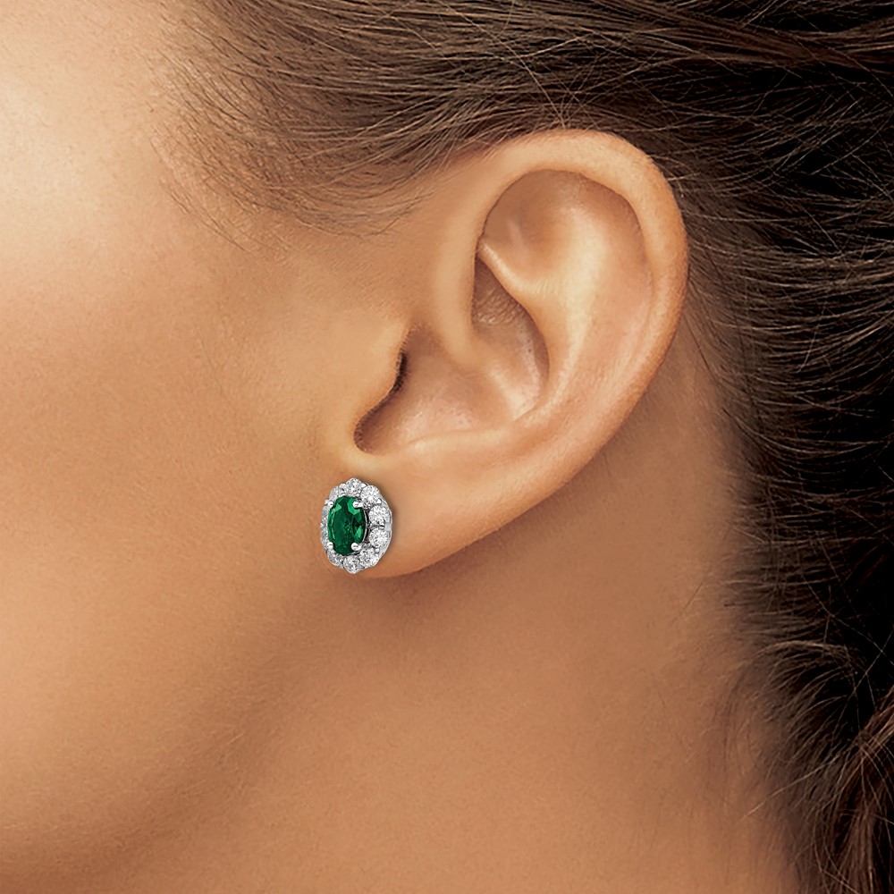 14k White Gold 1 1/5 carat Lab Grown Diamond VS/SI+ G+ and Oval Created Emerald Complete Halo Post Earrings (EM6990-CE-104-WALG)