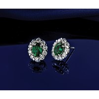 14K White Gold 1.20 Carat Lab Grown Diamond VS SI+ G+ and Oval Created Emerald Complete Halo Post Earrings view 5