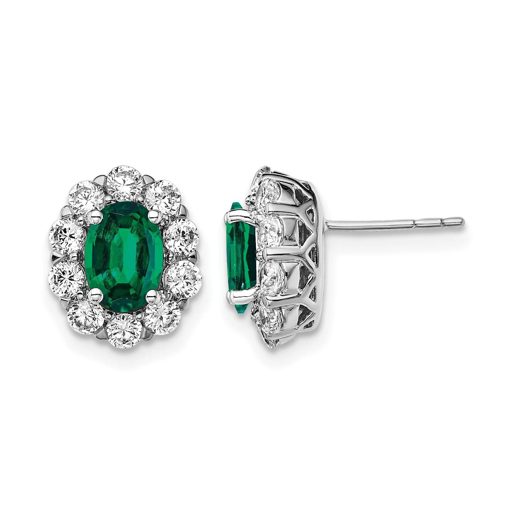 14k White Gold 1 1/5 carat Lab Grown Diamond VS/SI+ G+ and Oval Created Emerald Complete Halo Post Earrings (EM6990-CE-104-WALG)