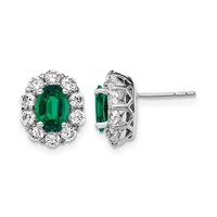 14K White Gold 1.20 Carat Lab Grown Diamond VS SI+ G+ and Oval Created Emerald Complete Halo Post Earrings view 1