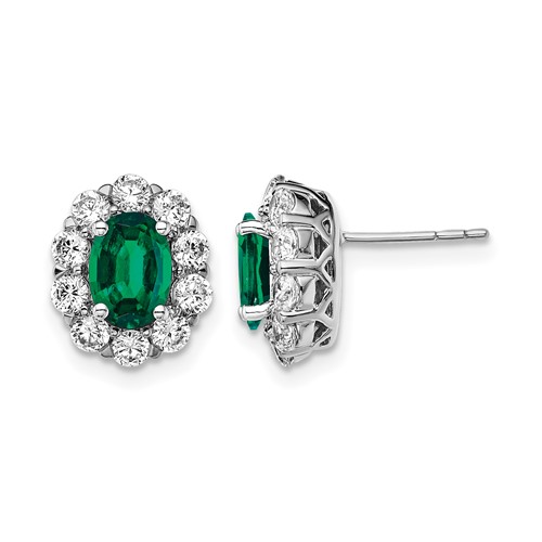 14K White Gold 1.20 Carat Lab Grown Diamond VS SI+ G+ and Oval Created Emerald Complete Halo Post Earrings