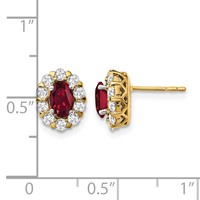 14K Yellow Gold 0.75 Carat Lab Grown Diamond VS SI+ G+ and Oval Created Ruby Complete Halo Post Earrings view 3