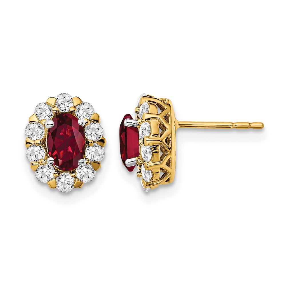 14K Yellow Gold 0.75 Carat Lab Grown Diamond VS SI+ G+ and Oval Created Ruby Complete Halo Post Earrings