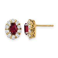 14K Yellow Gold 0.75 Carat Lab Grown Diamond VS SI+ G+ and Oval Created Ruby Complete Halo Post Earrings view 1