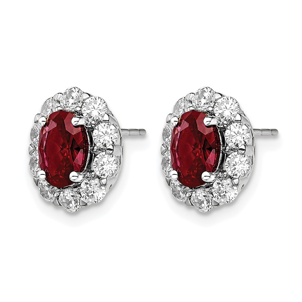 14k White Gold 1 1/5 carat Lab Grown Diamond VS/SI+ G+ and Oval Created Ruby Complete Halo Post Earrings (EM6990-CR-104-WALG)