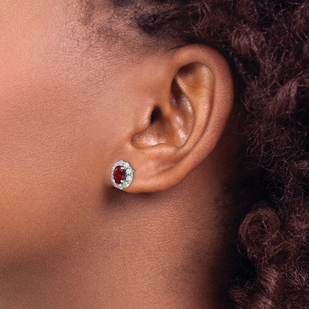 14k White Gold 1 1/5 carat Lab Grown Diamond VS/SI+ G+ and Oval Created Ruby Complete Halo Post Earrings (EM6990-CR-104-WALG)
