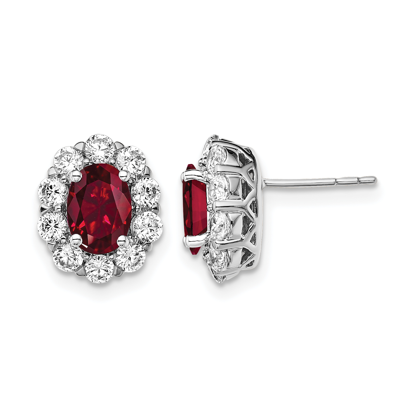 14k White Gold 1 1/5 carat Lab Grown Diamond VS/SI+ G+ and Oval Created Ruby Complete Halo Post Earrings (EM6990-CR-104-WALG)