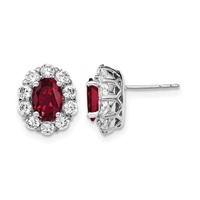14K White Gold 1.20 Carat Lab Grown Diamond VS SI+ G+ and Oval Created Ruby Complete Halo Post Earrings view 1