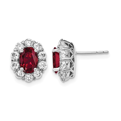 14K White Gold 1.20 Carat Lab Grown Diamond VS SI+ G+ and Oval Created Ruby Complete Halo Post Earrings