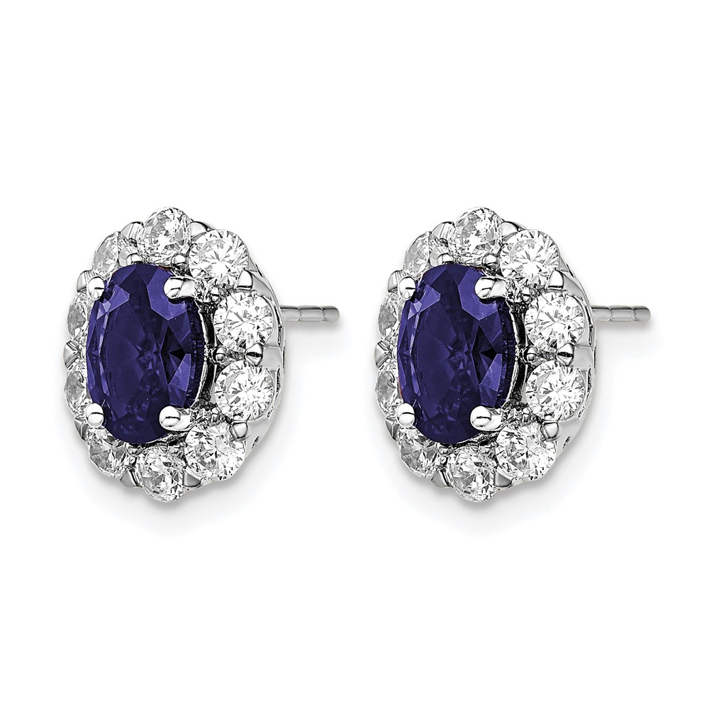 14k White Gold 1 1/5 carat Lab Grown Diamond VS/SI+ G+ and Oval Created Sapphire Halo Post Earrings (EM6990-CS-104-WALG)