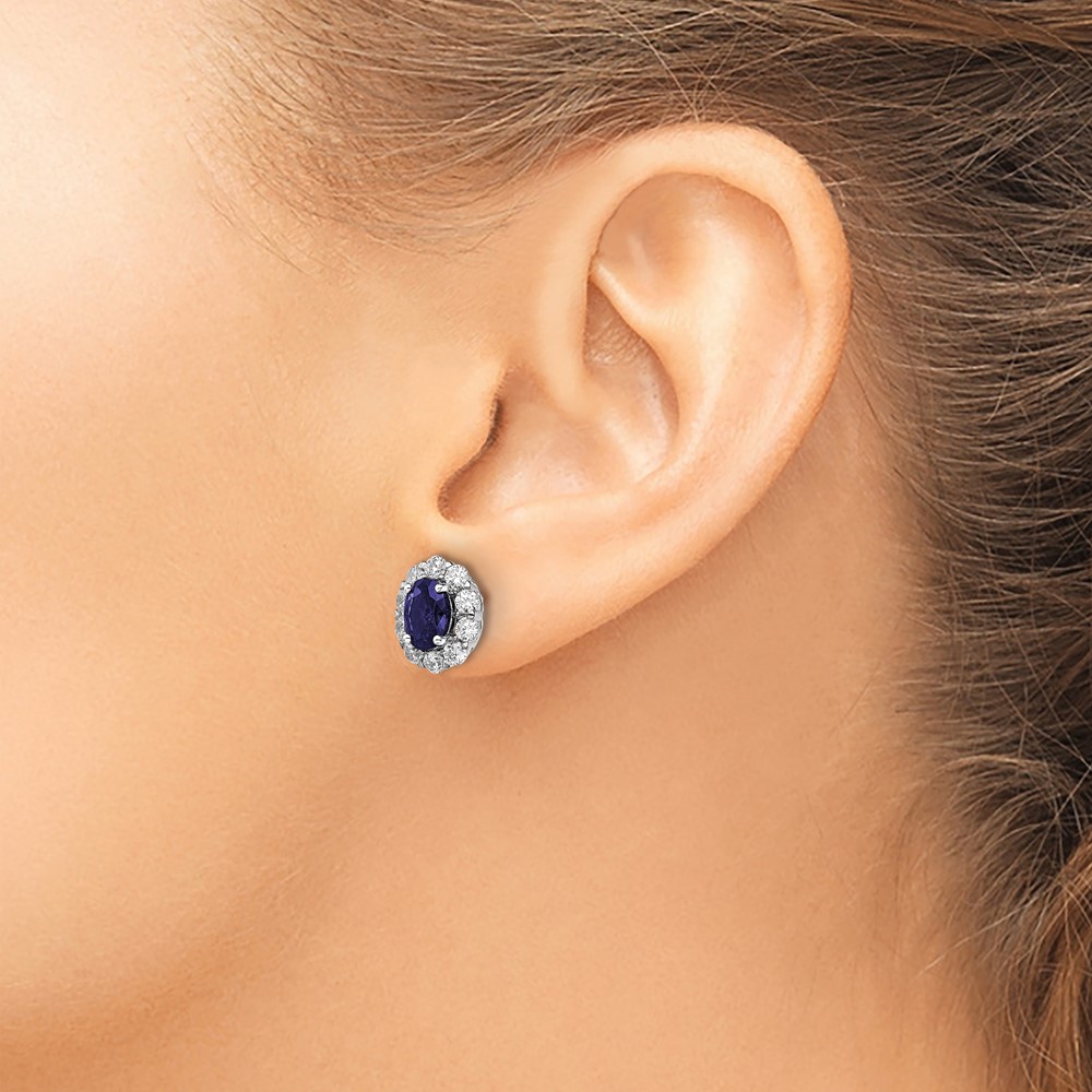 14k White Gold 1 1/5 carat Lab Grown Diamond VS/SI+ G+ and Oval Created Sapphire Halo Post Earrings (EM6990-CS-104-WALG)