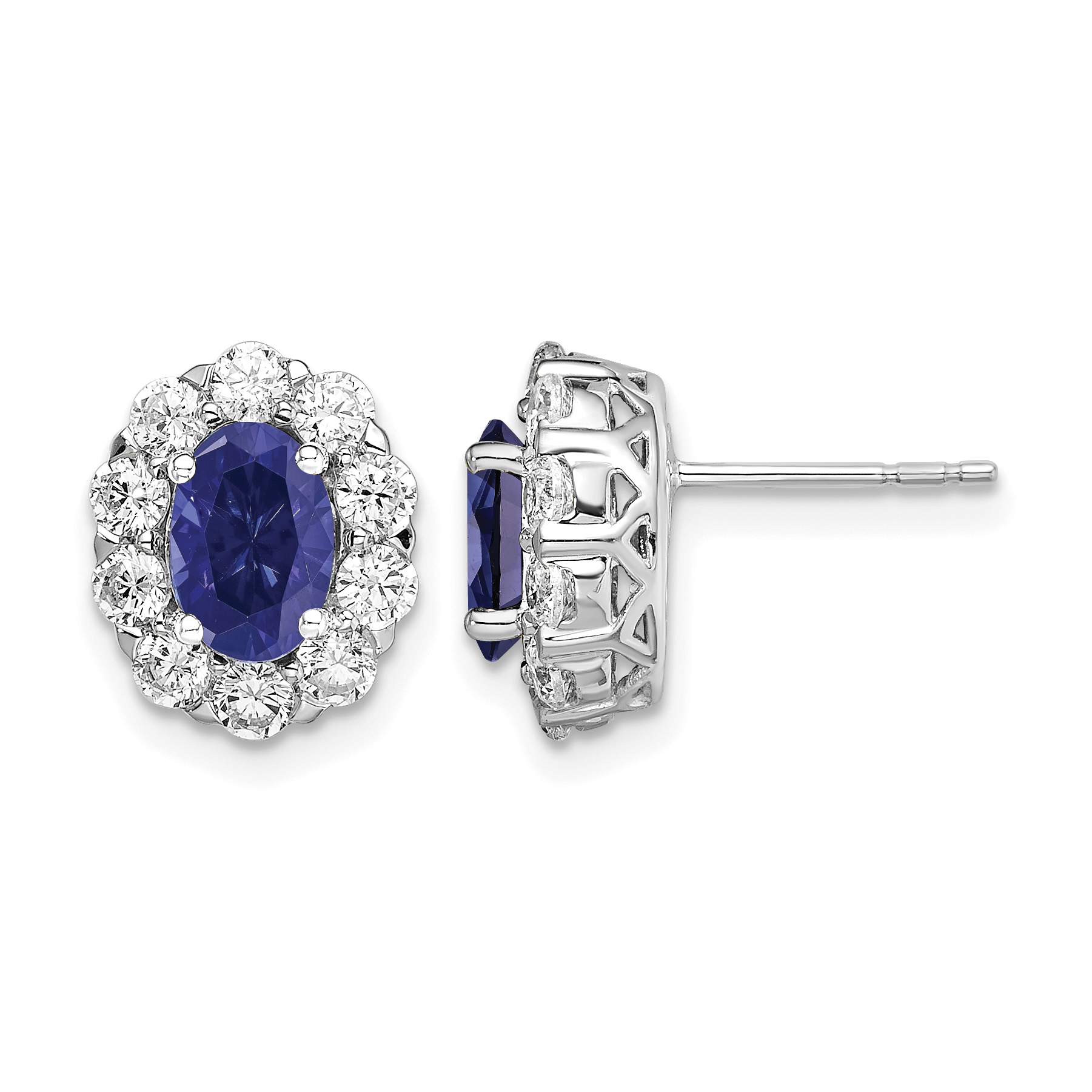 14k White Gold 1 1/5 carat Lab Grown Diamond VS/SI+ G+ and Oval Created Sapphire Halo Post Earrings (EM6990-CS-104-WALG)