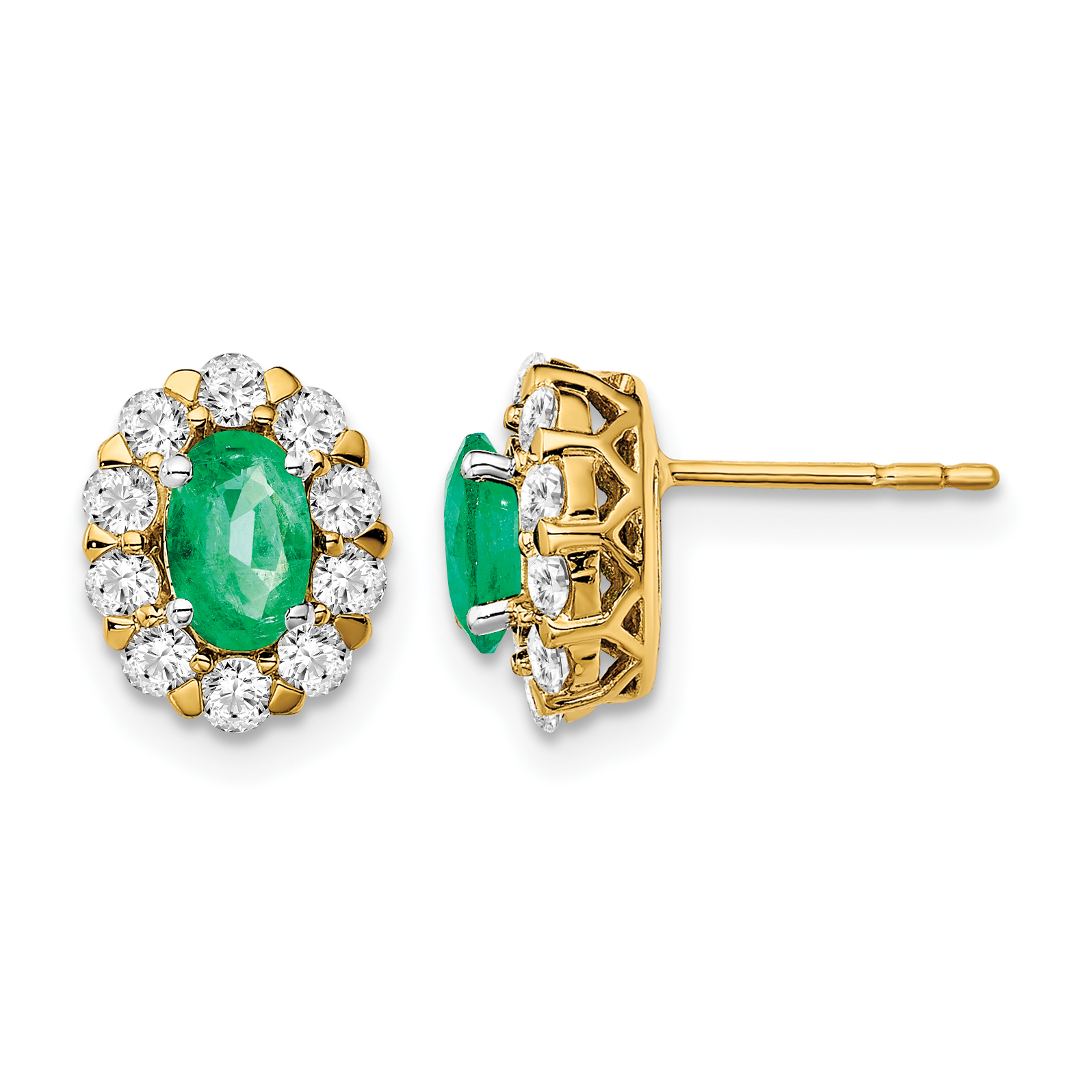 14k Oval Emerald and Diamond Halo Post Earrings (EM6990-EM-070-YA)
