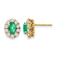 14K Yellow Gold 0.62 Carat Lab Grown Diamond VS SI+ G+ and Oval Created Emerald Complete Halo Post Earrings view 1