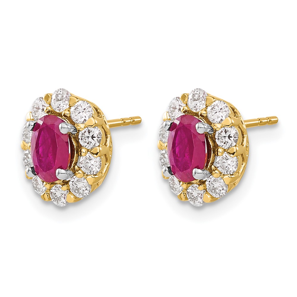 14k Oval Ruby and Diamond Halo Post Earrings (EM6990-RU-070-YA)