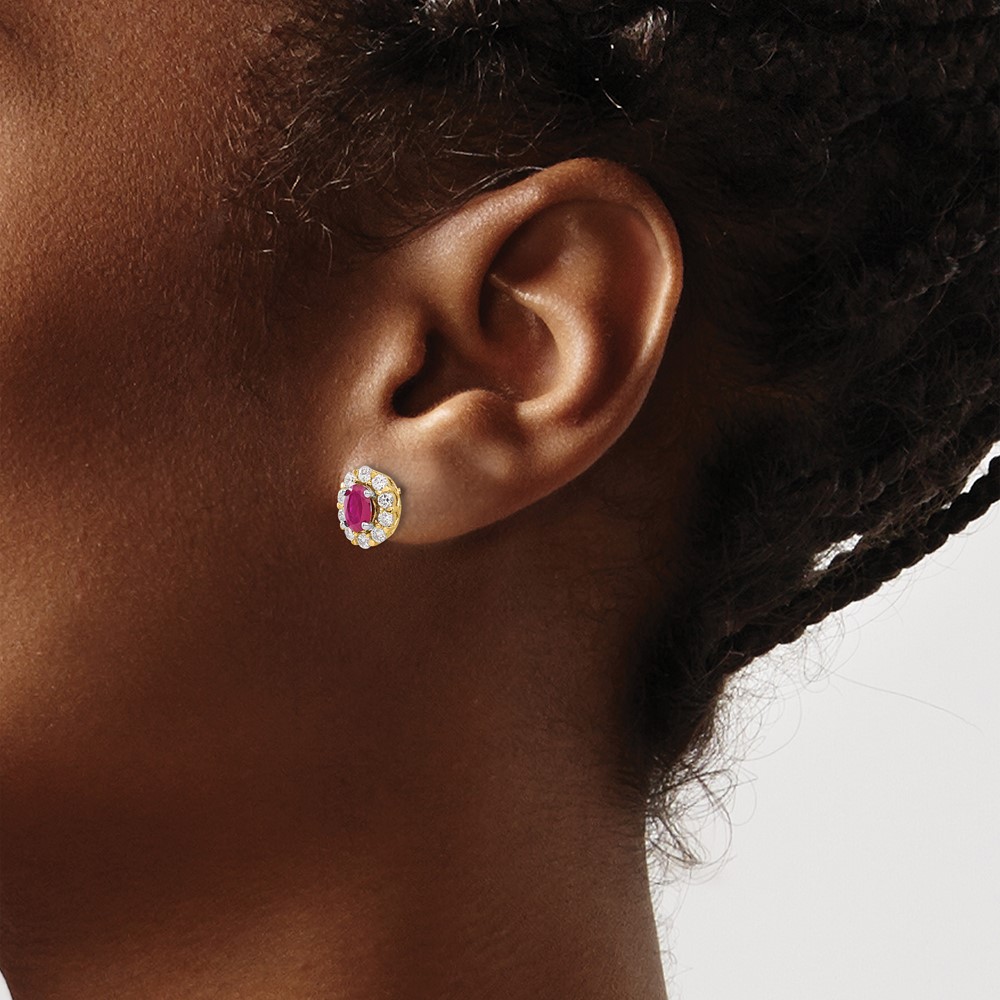 14k Oval Ruby and Diamond Halo Post Earrings (EM6990-RU-070-YA)