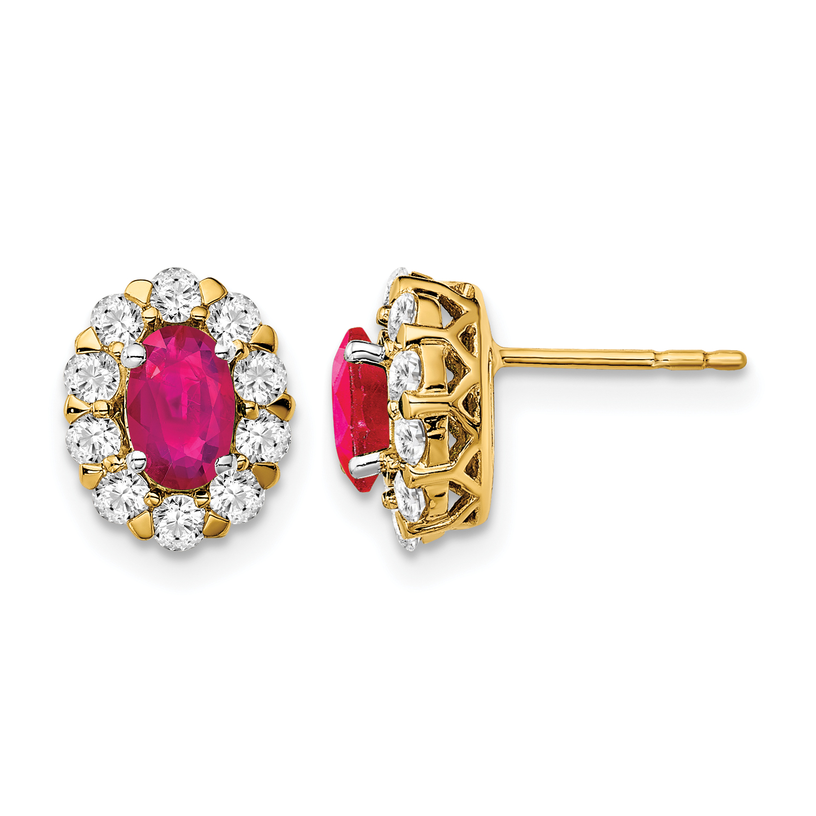14k Oval Ruby and Diamond Halo Post Earrings (EM6990-RU-070-YA)