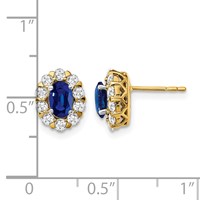 14K Yellow Gold 0.62 Carat Lab Grown Diamond VS SI+ G+ and Oval Created Sapphire Halo Post Earrings view 4
