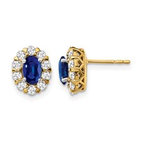 14K Yellow Gold 0.62 Carat Lab Grown Diamond VS SI+ G+ and Oval Created Sapphire Halo Post Earrings view 1