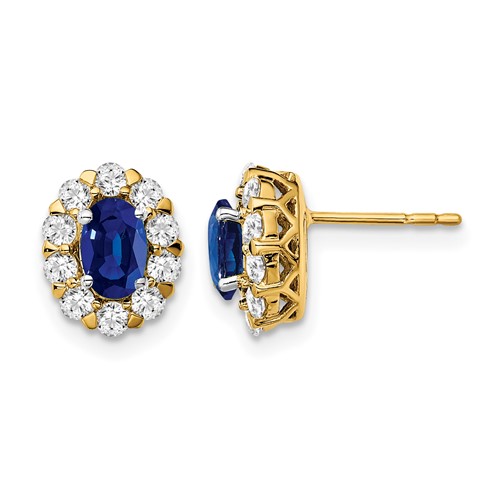 14K Yellow Gold 0.62 Carat Lab Grown Diamond VS SI+ G+ and Oval Created Sapphire Halo Post Earrings