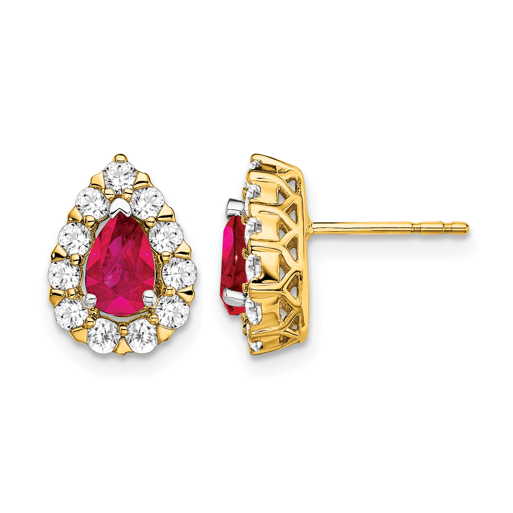 14k Pear Ruby and Diamond Halo Post Earrings (EM6991-RU-077-YA)