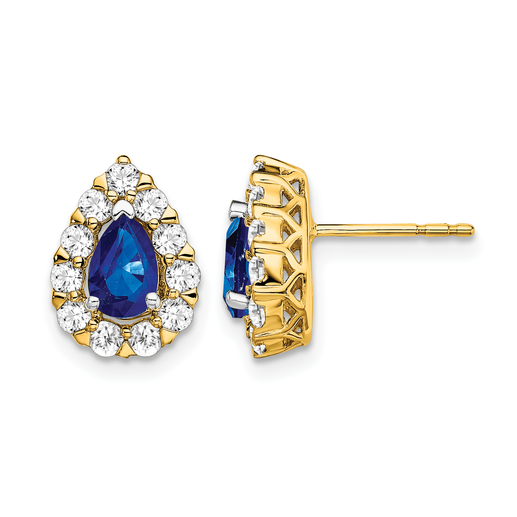 14k Pear Sapphire and Diamond Halo Post Earrings (EM6991-SA-077-YA)