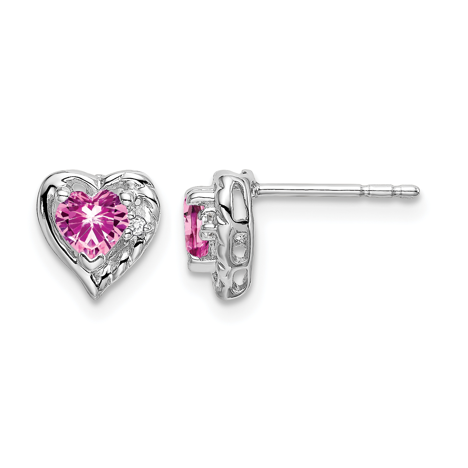 14k White Gold Created Pink Sapphire and Diamond Heart Earrings (EM7027-CPS-001-WA)