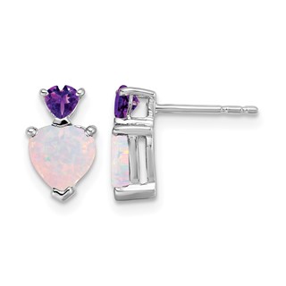 14k White Gold 6mm Heart Lab Created Opal and Amethyst Post Earrings