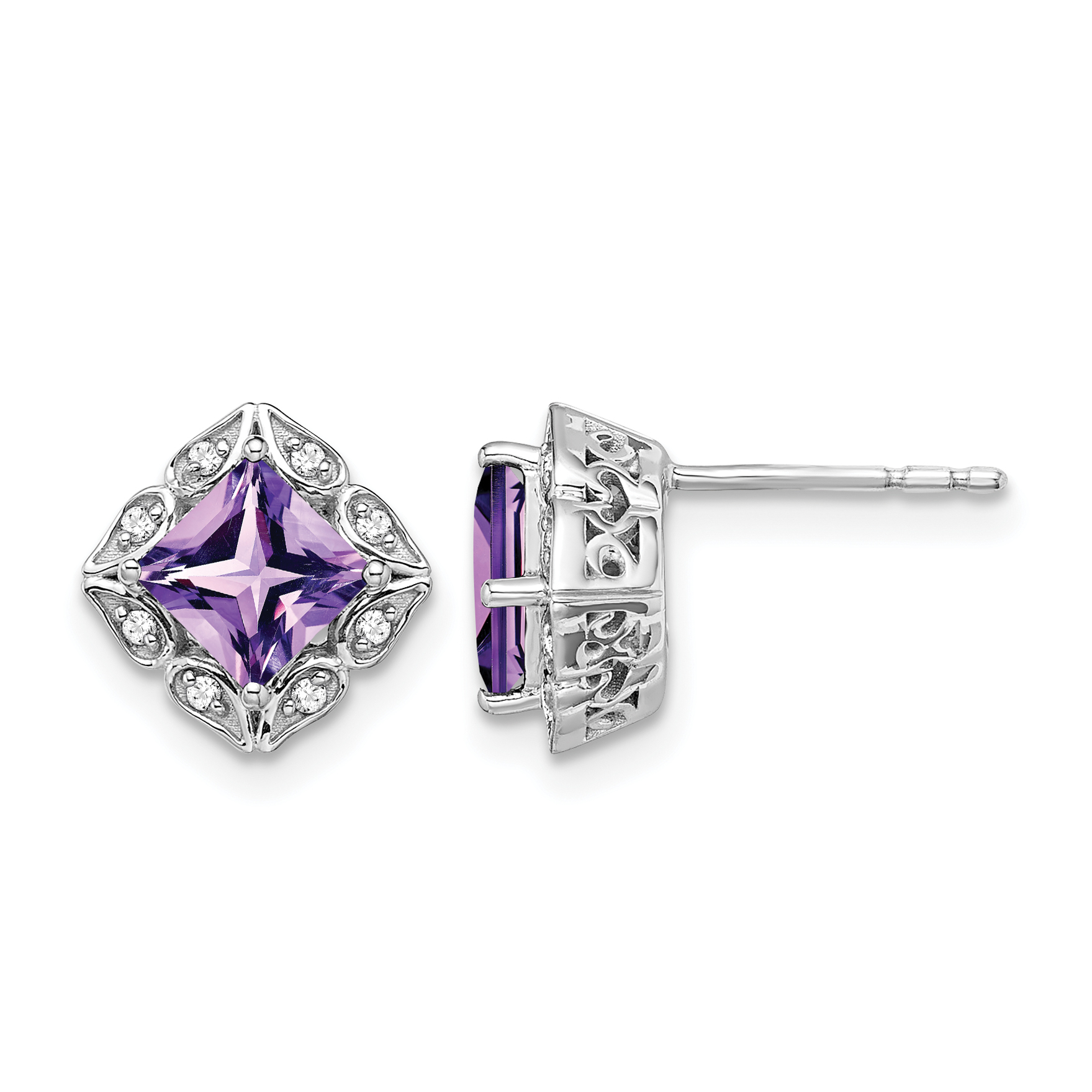 14k White Gold Square Amethyst and Diamond Earrings (EM7082-AM-008-WA)